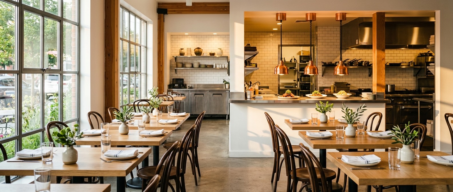 An independent restaurant's dining room and open kitchen, set for service