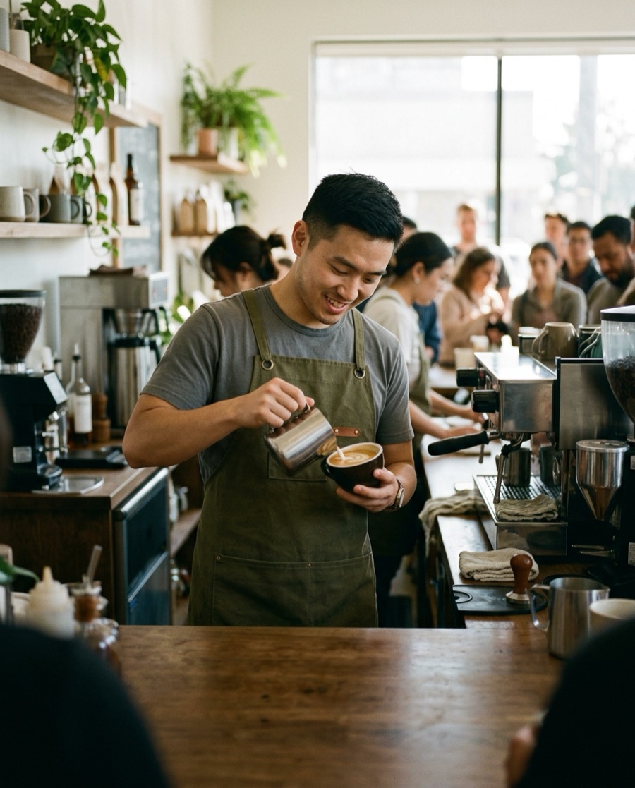 barista at the bar, morning rush
