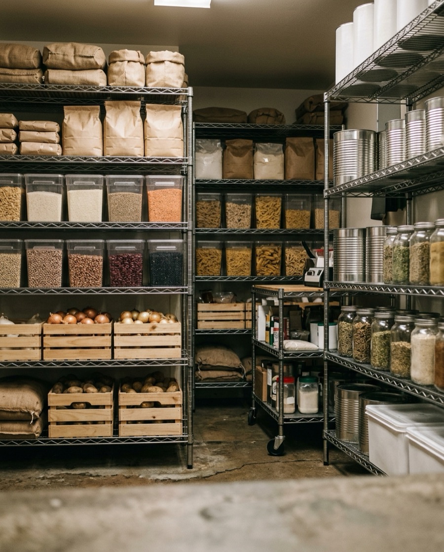 stocked dry storage shelves